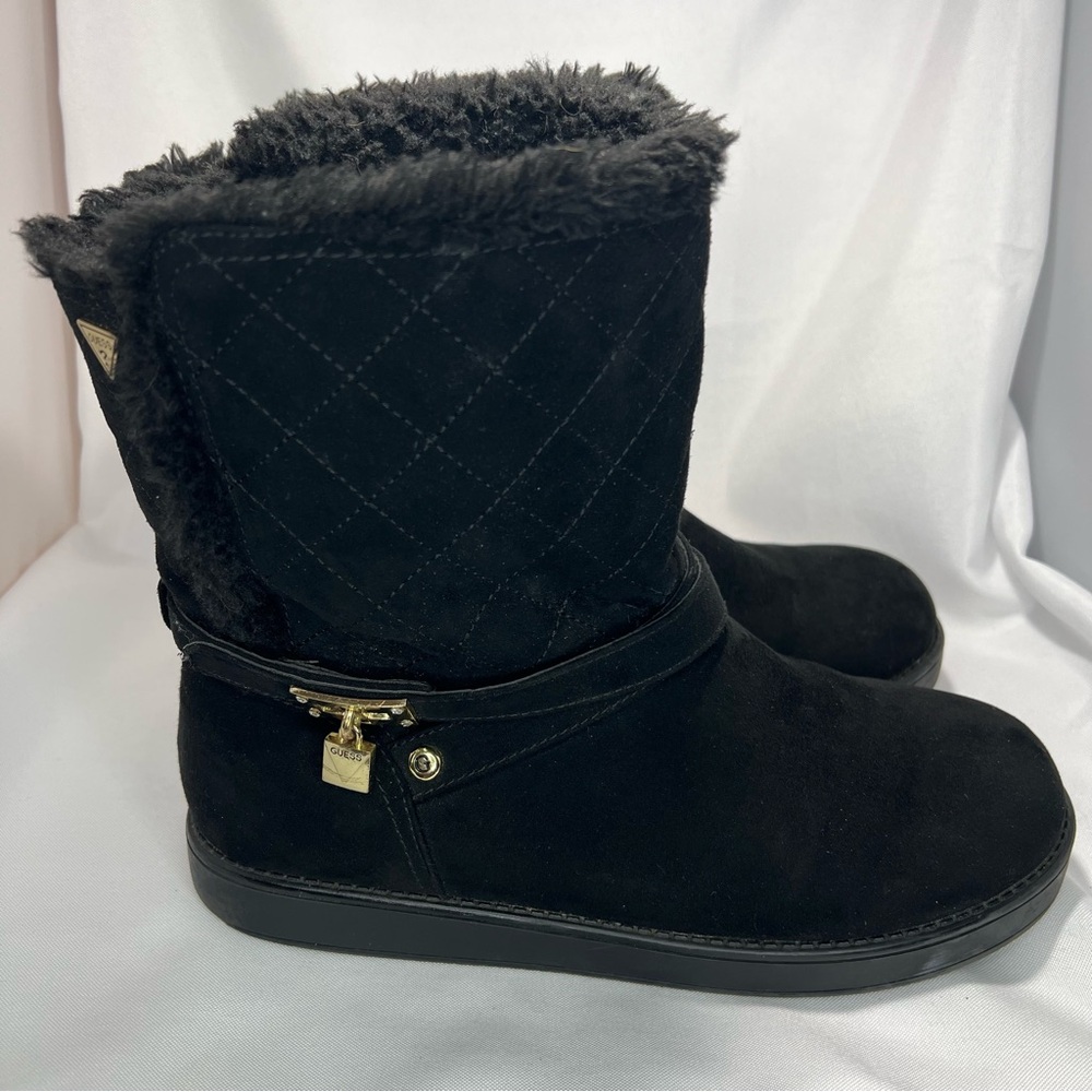 Guess Ladies "Aussie" Cold Weather Quilted Black Suede Boots Size 9M